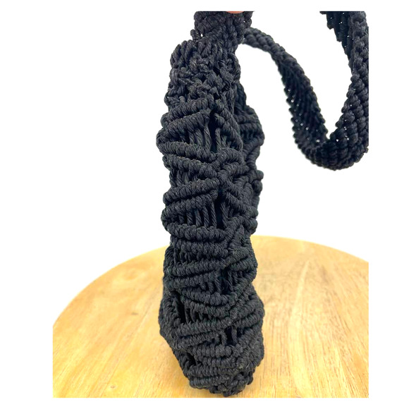 Vintage Black Macrame Boho Single Handle Handbag Purse Toggle Closure - Picture 5 of 8